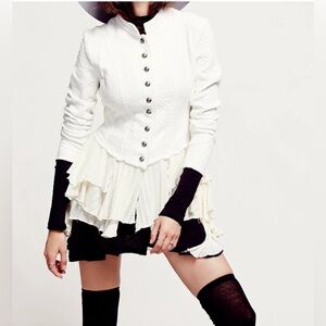 Free People Rare Victorian Military Bohemian Ruffle Jacket, White/Cream, Size 10